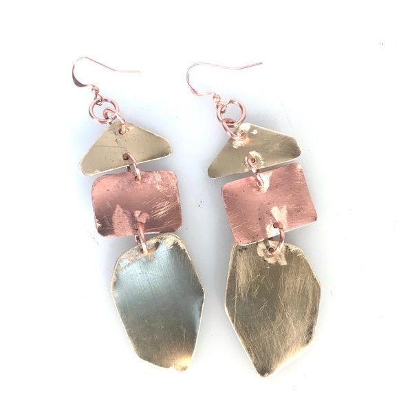 Brass Copper Long Brutalist Statement Earrings - Picture 11 of 13